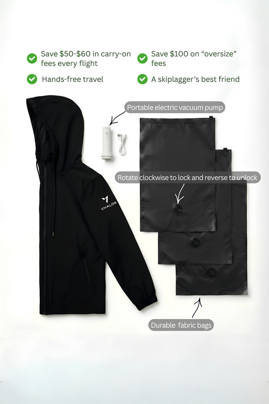 Clothing rolled and compressed into vacuum bags for packing in a personal item