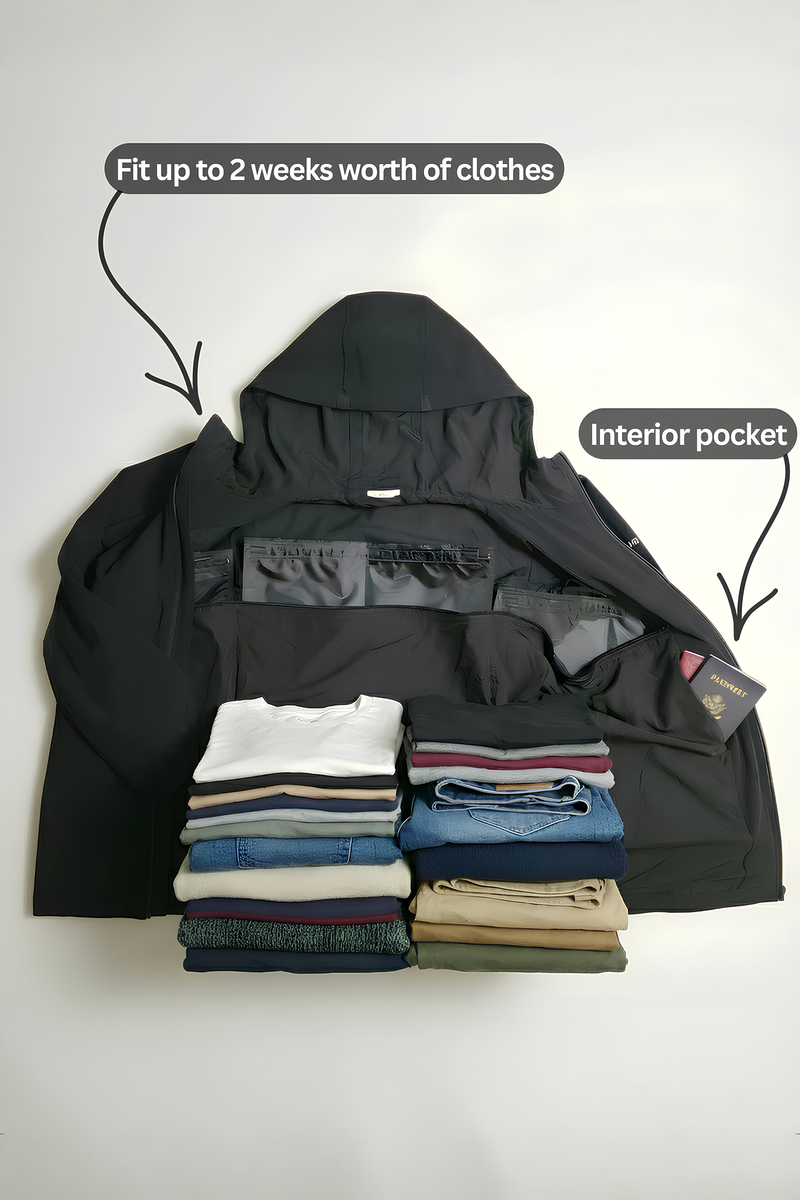 Travhalór wearable suitcase jacket front view showing pockets and compression bags with clothes
