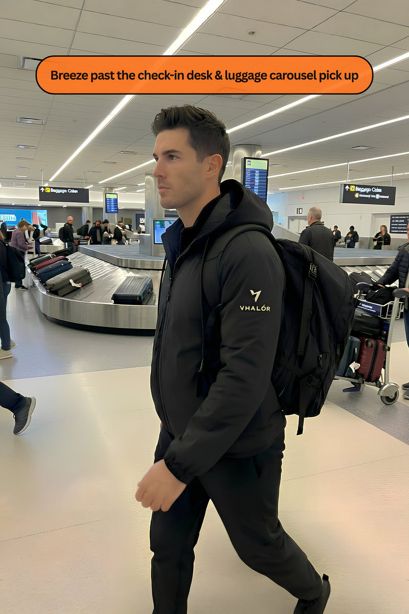 Man walking through an airport with luggage, text overlay about check-in desk and luggage carousel.
